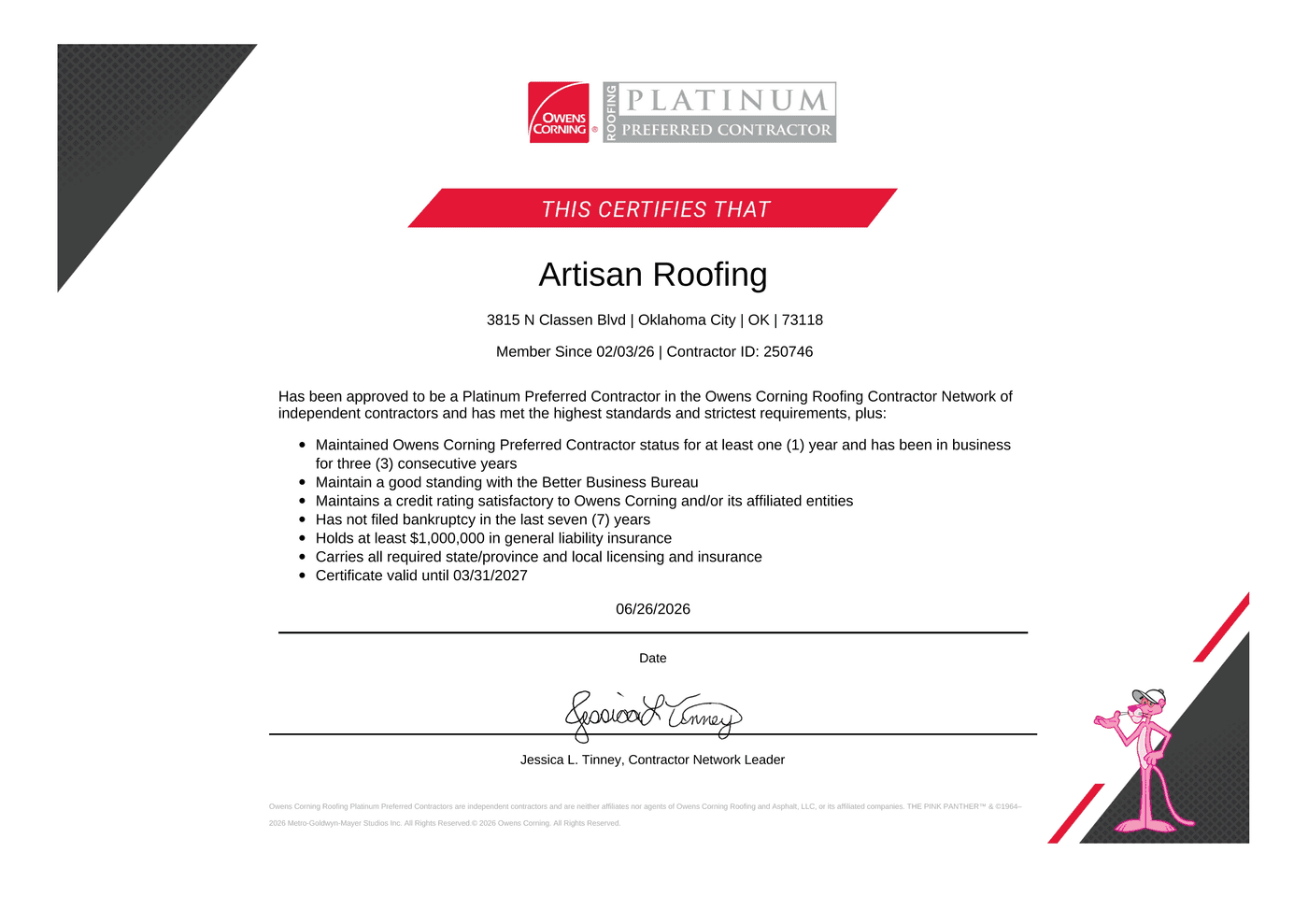 Owens Corning Platinum Preferred Contractor certificate issued to Artisan Roofing (Contractor ID 250746), valid through March 31, 2027.